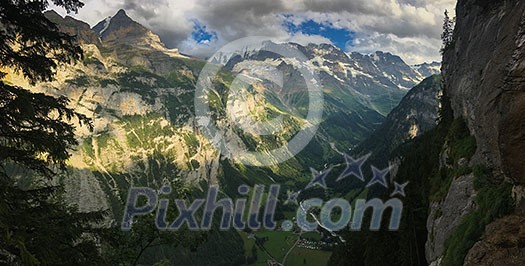 Panorama of Lauterbrunnen valley in the Bernese Alps, Switzerland. Panorama of Lauterbrunnen valley in the Bernese Alps, Switzerland.