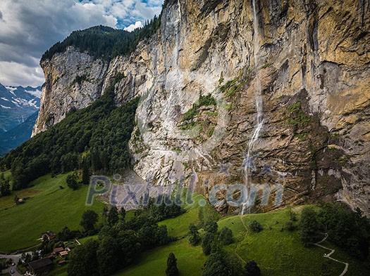 Panorama of Lauterbrunnen valley in the Bernese Alps, Switzerland. Panorama of Lauterbrunnen valley in the Bernese Alps, Switzerland.