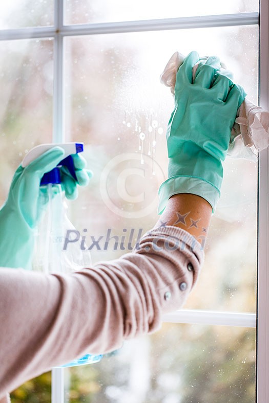 Young Smiling Woman Washing Window with Sponge. Happy Beautiful Girl wearing Protective Gloves Cleaning Window by spraying Cleaning Products and wiping with Sponge. Woman Cleaning House