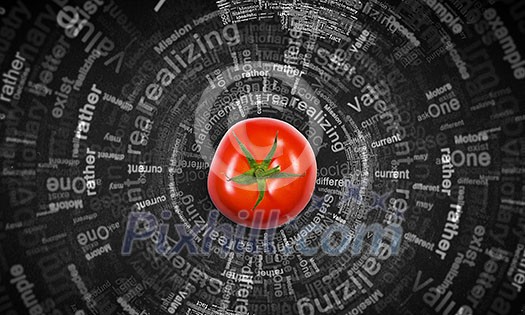 Tomato against black background with business sketches