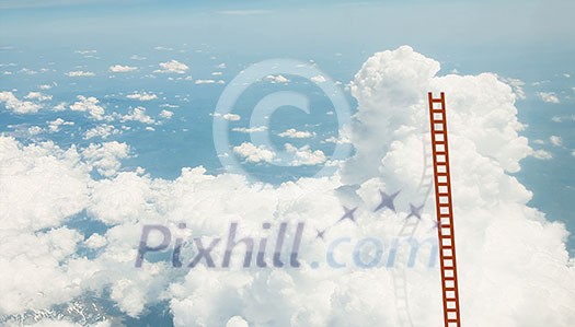 Conceptual image with ladder leading to white blank cloud Conceptual image with ladder leading to white blank cloud