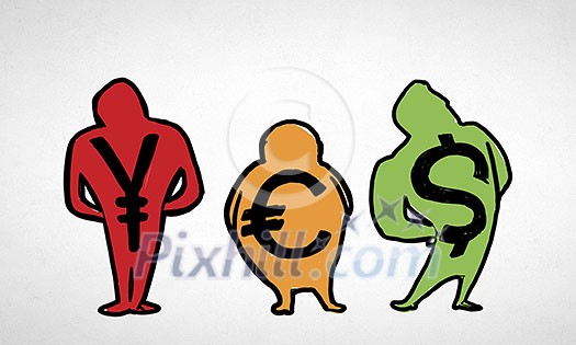 Funny cartoon people with currency signs on white background