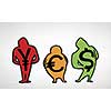 Funny cartoon people with currency signs on white background
