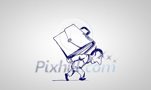 Caricature of businessman carrying suitcase on his back