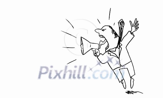 Caricature of angry businessman screaming in megaphone on white background