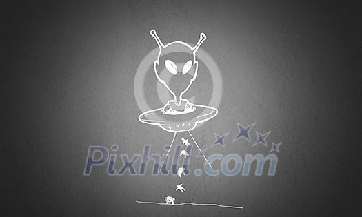 Sketch of alien flying in UFO saucer Sketch of alien flying in UFO saucer
