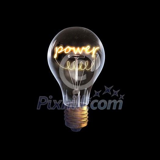 Glowing glass light bulb with power word inside Glowing glass light bulb with power word inside