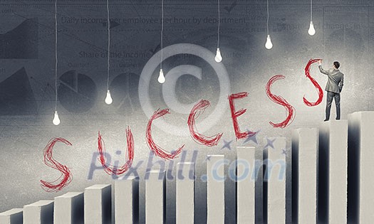 Back view of businessman on bars writing word success Back view of businessman on bars writing word success