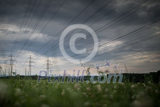 High-voltage power lines. electricity distribution station . high voltage electric transmission tower in landscape