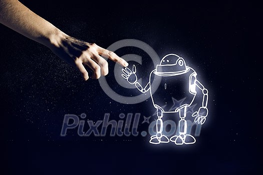 Human hand touching with finger robot sketched design Human hand touching with finger robot sketched design