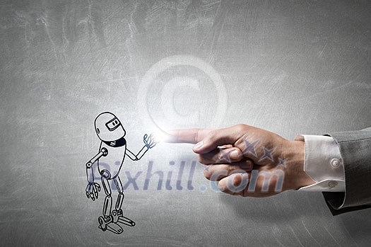 Human hand touching with finger robot sketched design