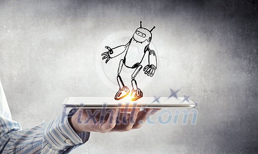 Human hand holding in palm robot sketched model on tablet