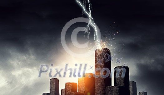Lightning from sky striking stone. background. Mixed media Lightning from sky striking stone. background. Mixed media