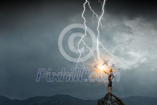 Elegant businesswoman outdoor and lightning in sky