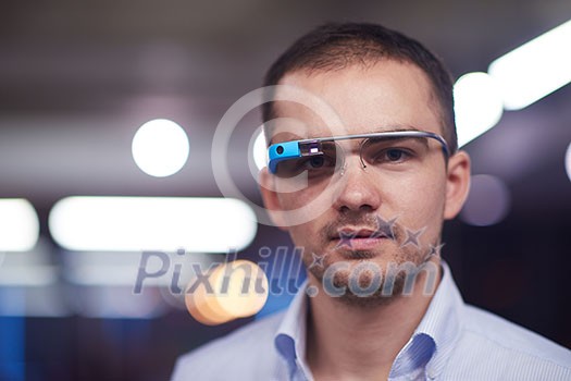 young man using virtual reality gadget computer technology glasses