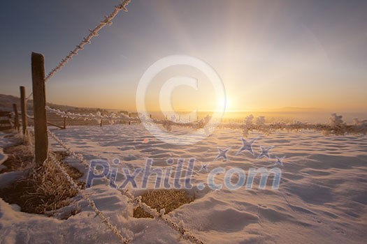 Beautiful winter landscape during sunset over snow covered field