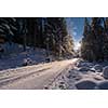 Beautiful winter landscape  Snowy country road on beatiful winter day during sunset or sunrise in forest with fresh snow