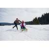 romantic winter  scene, happy young couple having fun on fresh show on winter vacatio, mountain nature landscape