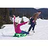 romantic winter  scene, happy young couple having fun on fresh show on winter vacatio, mountain nature landscape