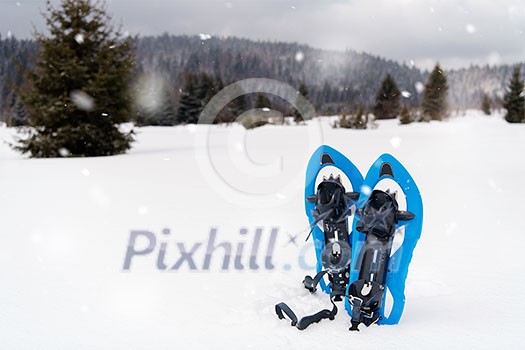 Winter hiking in the mountains  Blue snowshoes in fresh show with snowflakes around them on snowy winter day