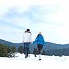 portrait of happy young romantic tourist  couple outdoor in nature at winter vacation