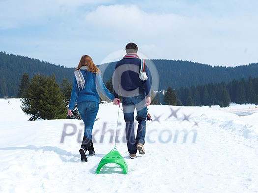 romantic winter  scene, happy young couple having fun on fresh show on winter vacatio, mountain nature landscape