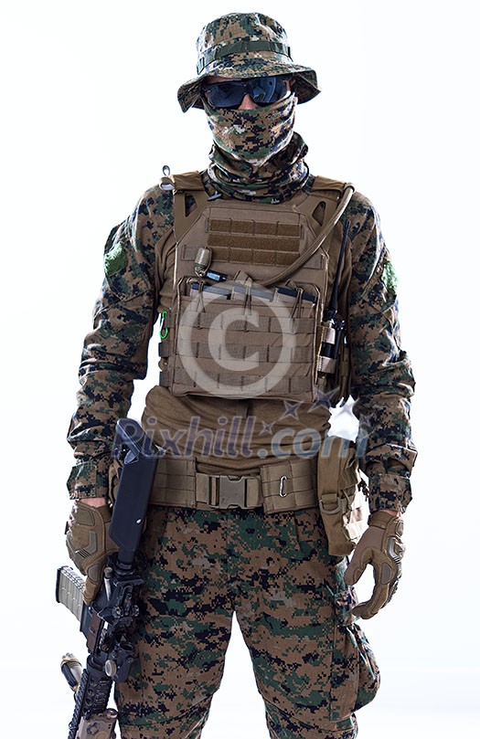 american marine corps special operations soldier with fire arm weapon and protective army tactical gear clothes Studio shot isolated on white background american marine corps special operations soldier with fire arm weapon and protective army tactical gear clothes Studio shot isolated on white background