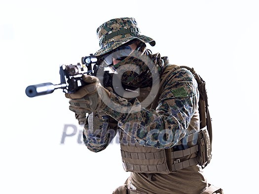 modern warfare american marines soldier aiming in combat position and searching for target isolated on white background modern warfare american marines soldier aiming in combat position and searching for target isolated on white background