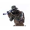 modern warfare american marines soldier aiming  in combat position and searching for target isolated on white background