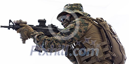 modern warfare american marines soldier aiming in combat position and searching for target isolated on white background modern warfare american marines soldier aiming in combat position and searching for target isolated on white background