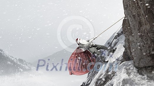 Santa Claus hurrying at New Year or Christmas with big bag