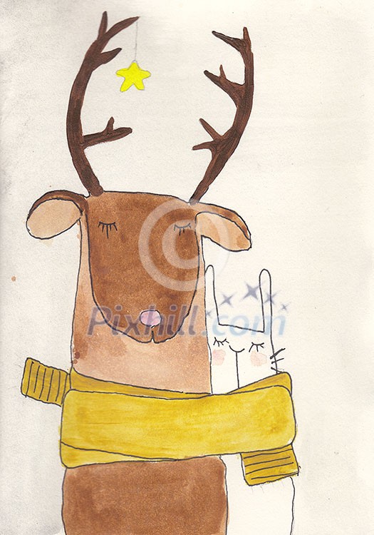 love deer and cat hand painted drawn gift christmas post card