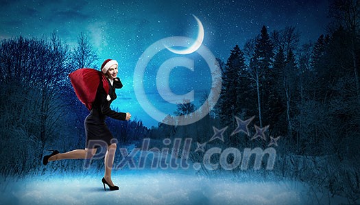 Santa woman running with red gift bag on back Santa woman running with red gift bag on back