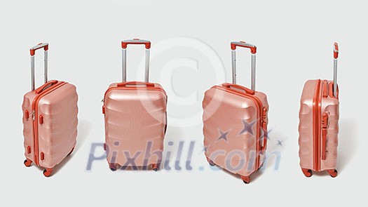 Four modern brown suitcases on a gray background with copy space for text. The concept of travel and tourism. Four modern brown suitcases on a gray background with copy space for text. The concept of travel and tourism.