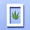 Decorative rectangular handmade frame with green fresh marijuana leaf on a pastel lavender background, copy space. Flat lay.