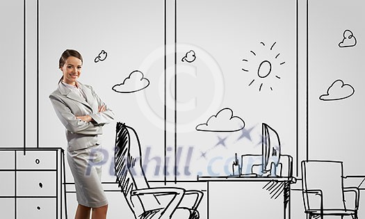 Young confident businesswoman standing in drawn office Young confident businesswoman standing in drawn office