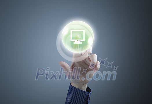 Close up of businessman touching icon on media screen