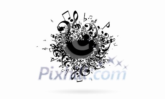 Conceptual image with black music signs on white backdrop Conceptual image with black music signs on white backdrop