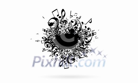 Conceptual image with black music signs on white backdrop