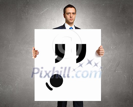 Businessman hold white board with sad face emoticon