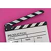 video production movie clapper cinema action and cut concept isolated on pink purple violet background