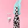 Holiday decorative composition of painted champagne bottle with black spots and paper cut tropical leaf with glass of white powder on a pastel millennial pink background, copy space. Holiday card.