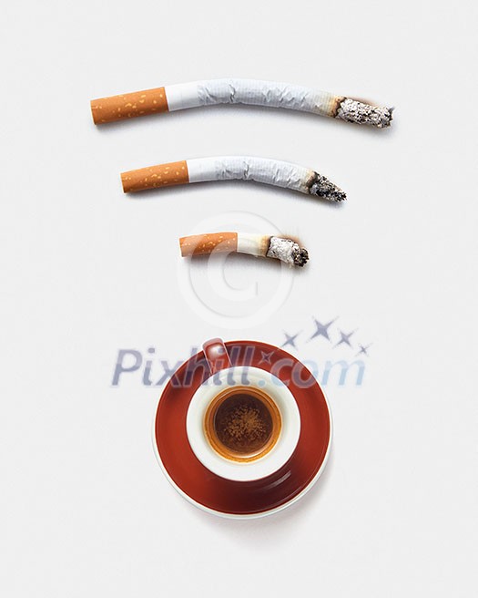 Three roach cigaretts around a cup of coffee as a wireless simbol on a light grey background with copy space. Concept of addiction from smoking and gadgets. Three roach cigaretts around a cup of coffee as a wireless simbol on a light grey background with copy space. Concept of addiction from smoking and gadgets.