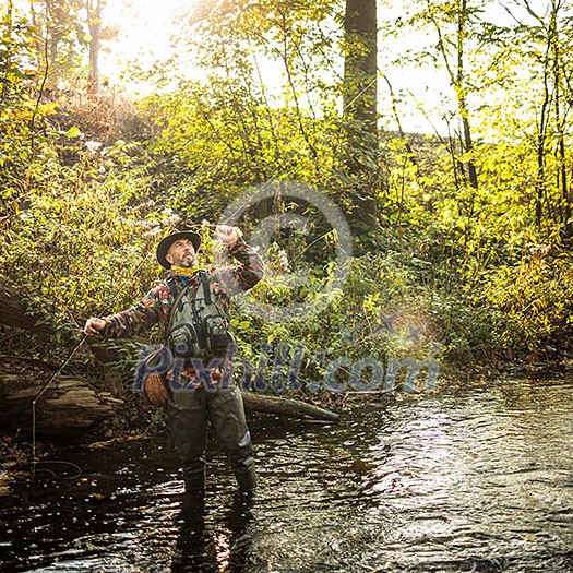 Fly fisherman working the line and the fishing rod while fly fishing on a splendid mountain river for rainbow trout Fly fisherman working the line and the fishing rod while fly fishing on a splendid mountain river for rainbow trout