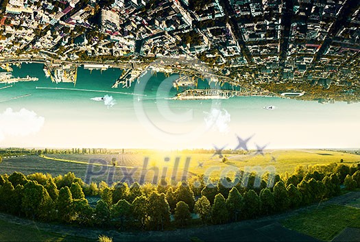 Fantastic surreal terrain of natural landscape and upside down sityscape with sea coastline. Concept of antigravity. Fantastic surreal terrain of natural landscape and upside down sityscape with sea coastline. Concept of antigravity.