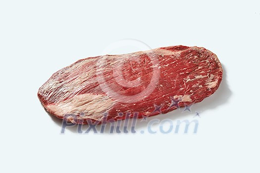 Fresh raw natural beef flank sreak for cooking isolated on white background with shadows, place for text Fresh raw natural beef flank sreak for cooking isolated on white background with shadows, place for text