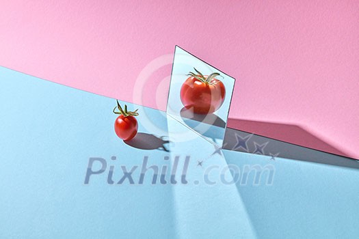 A small red tomato with a green stem is reflected large in a mirror on a blue-pink background with copy space.