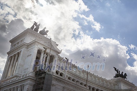 Architectural famouse building of Parlament in Rome, Italy on the background of cloudy sky in a summer sunny day with copy space.