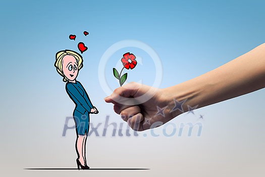 Funny image of young woman presented flower by admirer