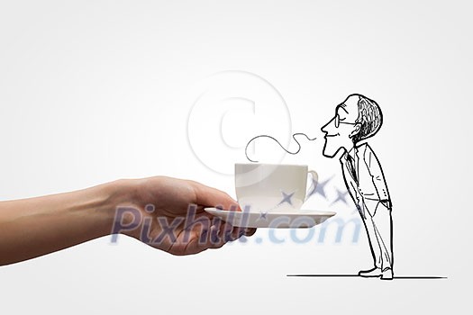 Close up of female hand offering coffee to boss Close up of female hand offering coffee to boss